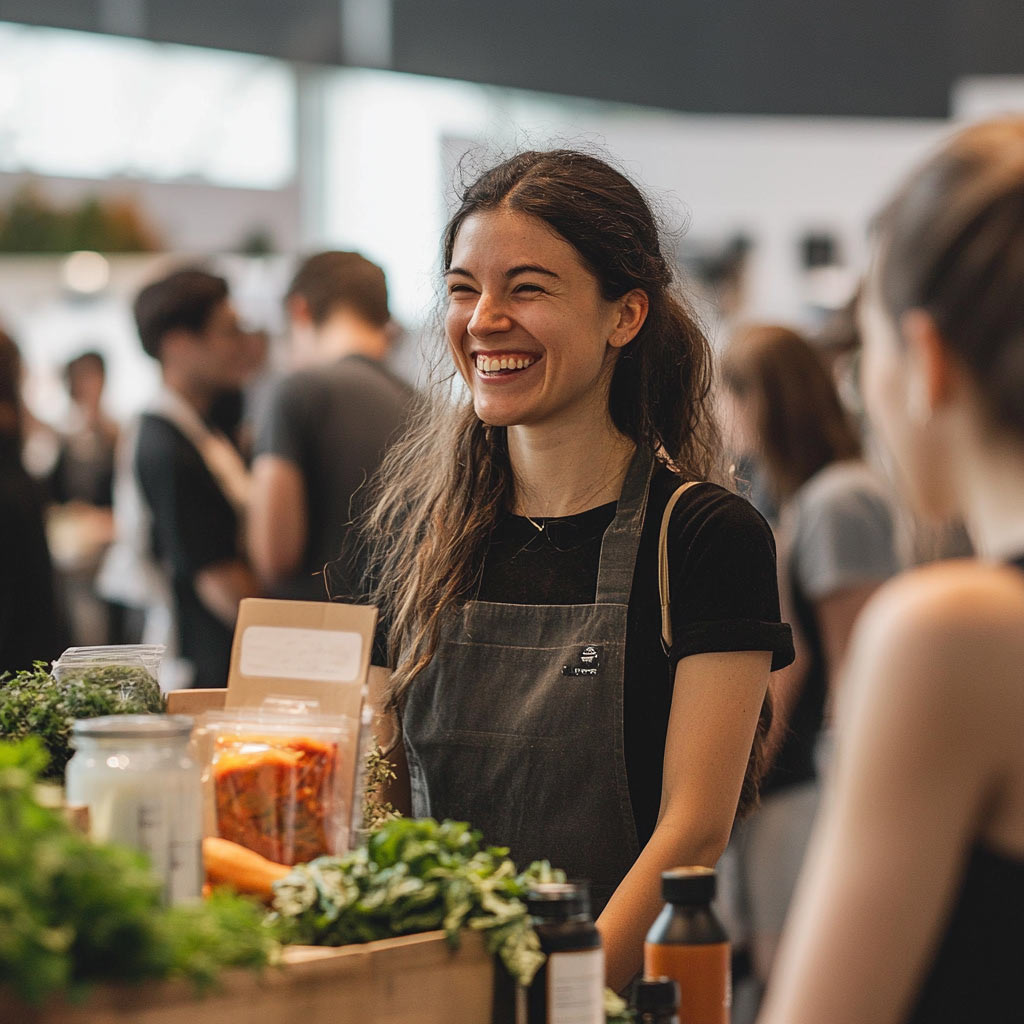 Junge Frau auf einer Messe unterhält sich mit Besuchern über ihre Produkte